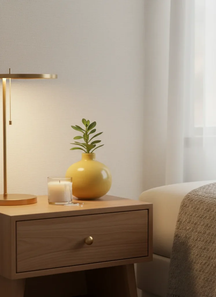 A small bedroom nightstand styled with butter yellow vase, small plant and candle, warm golden lighting, editorial photography, no people, no text