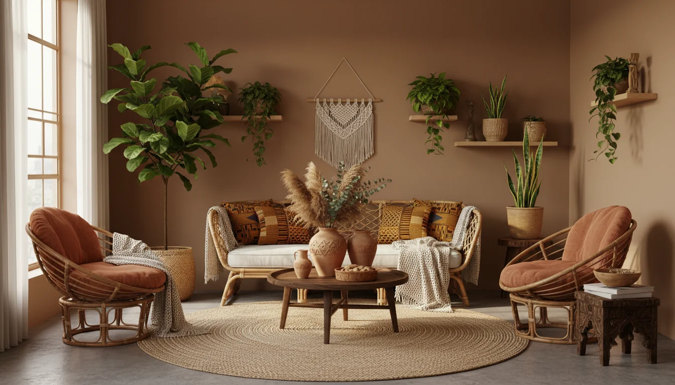 A beautifully styled small living room with afrobohemian decor, kente inspired textiles, woven rattan furniture, earthy terracotta and warm brown tones, lush green plants, warm golden lighting, editorial home photography, wide landscape, no people, no text