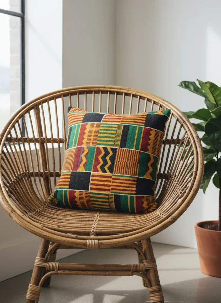 Close up of a woven rattan chair with colorful kente inspired throw pillow, warm lighting, boho aesthetic, no people, no text
