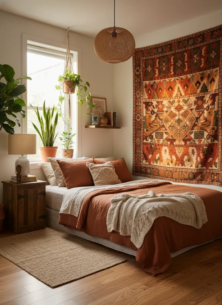 A small bedroom with afrobohemian decor, patterned textile wall hanging, earthy tones, plants, warm golden light, editorial photography, no people, no text