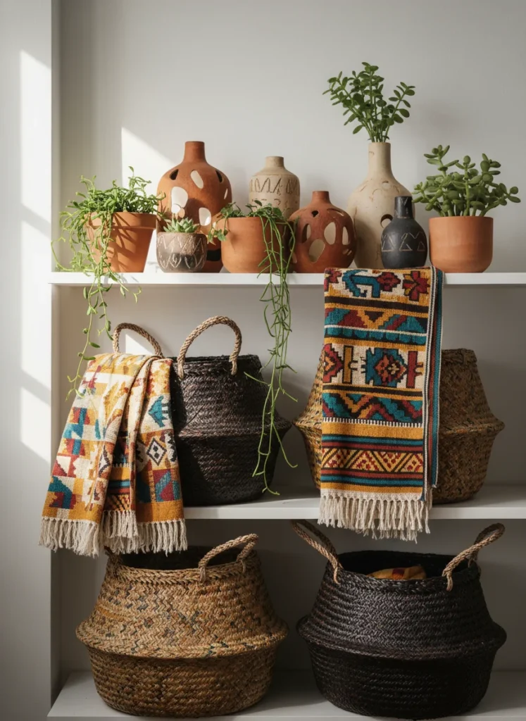 A styled shelf with woven baskets, small plants, earthy ceramic vases and colorful textiles, afrobohemian aesthetic, no people, no text