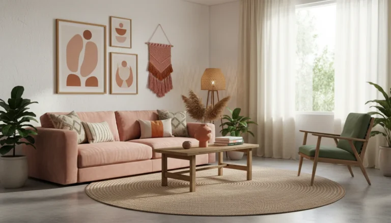 A small cozy living room decorated with bold joyful colors, dopamine decorating aesthetic, mix of jade green, terracotta and vintage pink accents, warm lighting, boho minimal style, editorial home photography, wide landscape, no people, no text