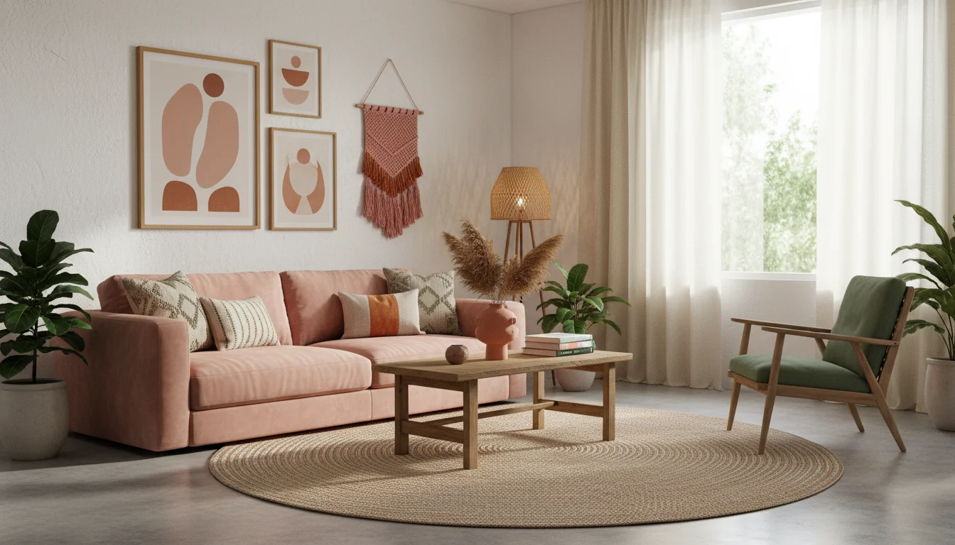 A small cozy living room decorated with bold joyful colors, dopamine decorating aesthetic, mix of jade green, terracotta and vintage pink accents, warm lighting, boho minimal style, editorial home photography, wide landscape, no people, no text