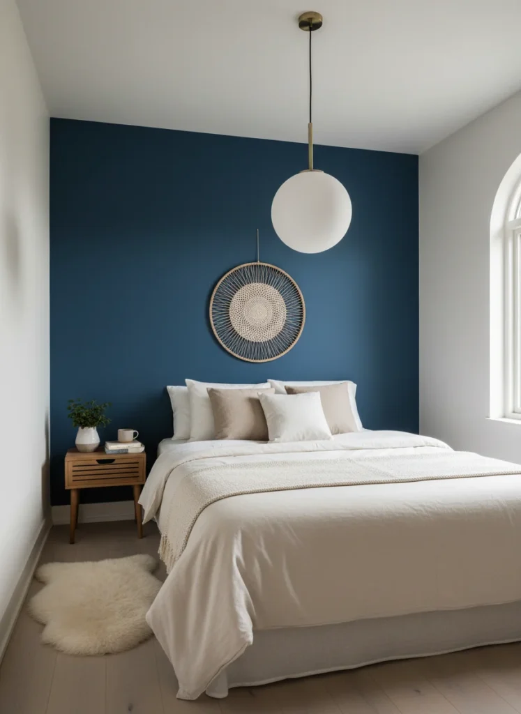  A small bedroom accent wall painted in bold moody blue, cozy aesthetic, warm lighting, minimal furniture, no people, no text