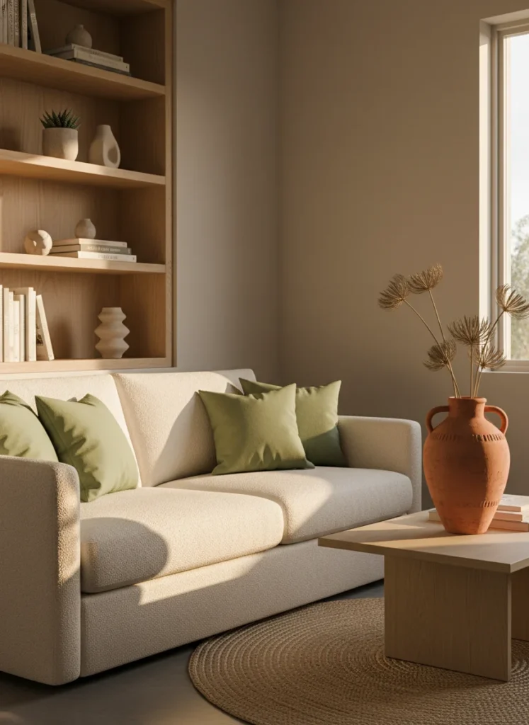 A small apartment living room with jade green throw pillows and terracotta vase, warm golden lighting, editorial photography, no people, no text