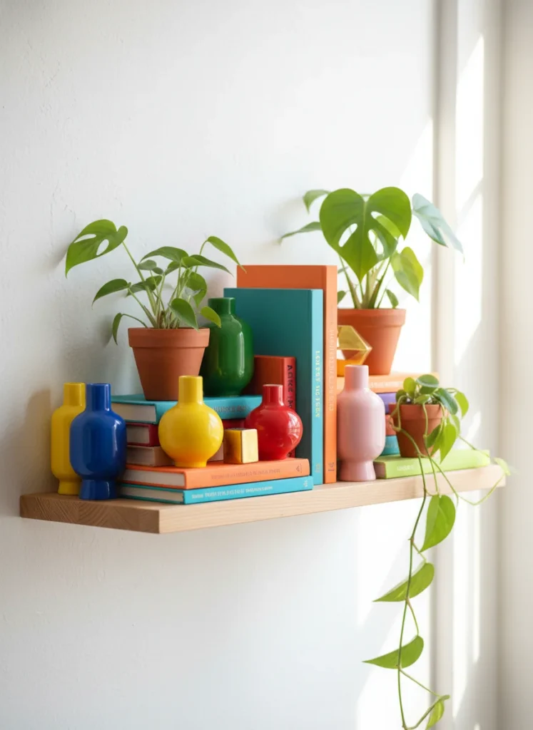 Close up of a colorful small space shelf styled with bold colored vases, books and plants, dopamine decor aesthetic, no people, no text