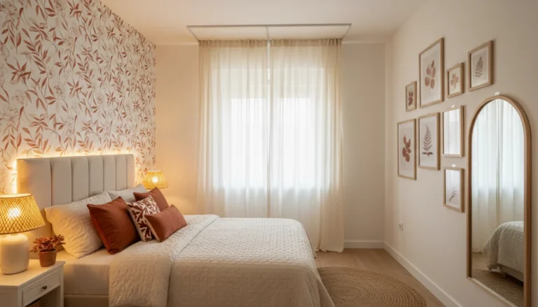 A beautifully decorated small rental bedroom showing zero permanent modifications. Peel-and-stick botanical wallpaper on one accent wall behind the bed, ceiling-height sheer curtains on tension rods, a gallery wall of frames hung with removable adhesive strips, a large floor mirror leaning against the wall, warm layered lighting from a bedside lamp and LED strip lights behind the headboard. Terracotta and cream color palette, warm golden light, editorial interior photography, wide angle, no people