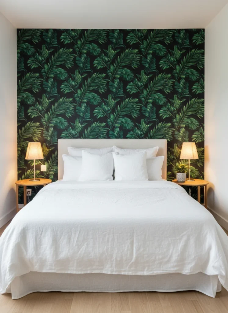 A small rental bedroom accent wall behind the headboard covered in removable peel-and-stick dark green botanical wallpaper. The wallpaper features large tropical leaves in deep forest green on a dark background. A white linen bed sits in front of the wall. The contrast between the dark botanical wall and the light bedding is dramatic and intentional. Warm bedside lamp light, no permanent fixtures, no people, editorial interior photography