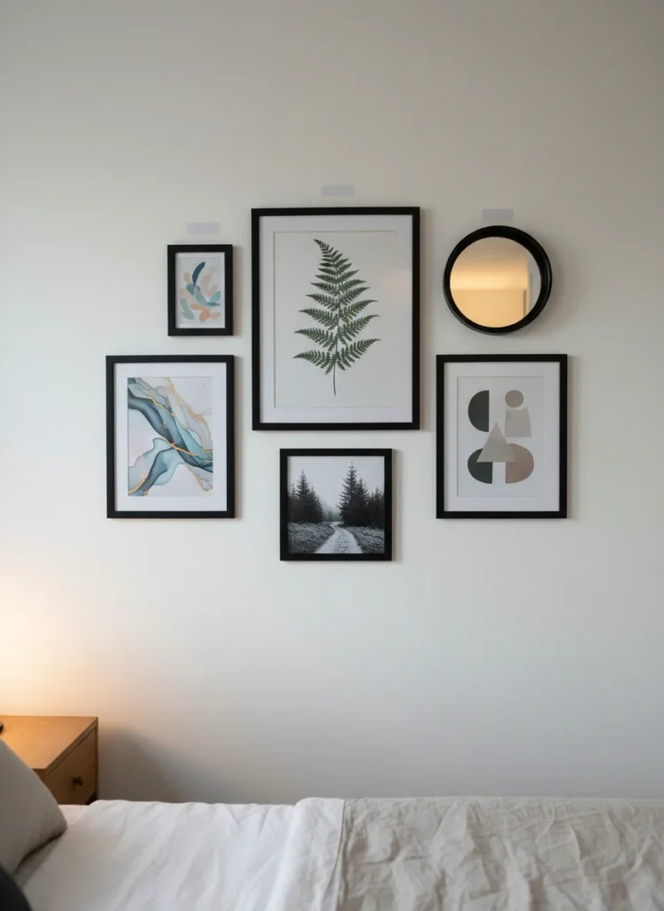 A small rental bedroom wall showing a gallery wall of five frames in matte black, hung with removable command strips. The frames are in three different sizes arranged asymmetrically but balanced. Contents: one large botanical print, two smaller abstract prints, one personal-style photo in black and white, one small mirror. No holes in the white wall visible. Warm bedside lamp light, editorial interior photography, no people