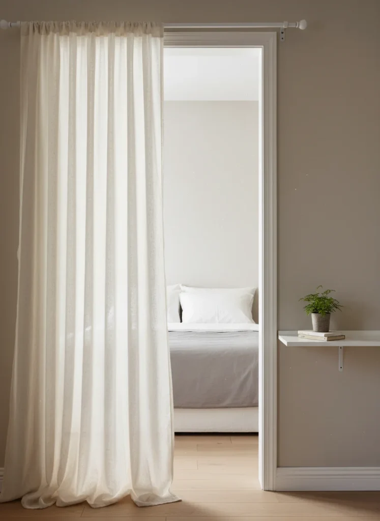 A small rental bedroom window with a tension rod mounted inside the window frame, holding long sheer cream linen curtain panels that extend from the ceiling to the floor. The curtains pool very slightly on the floor. Natural daylight filters softly through the sheer fabric. The room behind the curtains is visible: a neatly made bed, a side table with a plant. The curtains make the ceiling feel much higher than it is. No drilling marks on walls, editorial interior photography, no people