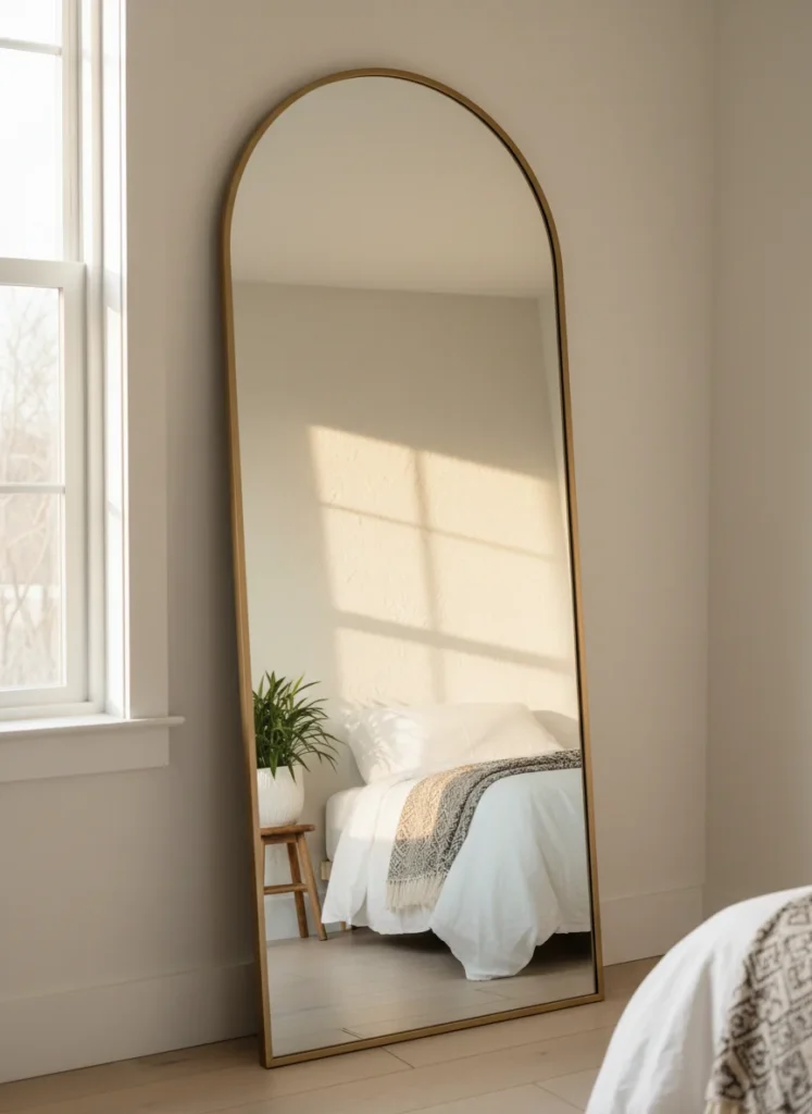 A small rental bedroom with a large arch-shaped floor mirror approximately 65 inches tall leaning against the wall beside the window. The mirror has a thin warm gold frame. It reflects the window light back into the room and shows the reflection of the bed and opposite wall. The mirror is not mounted or attached to the wall in any way. Warm natural morning light, editorial interior photography, no people