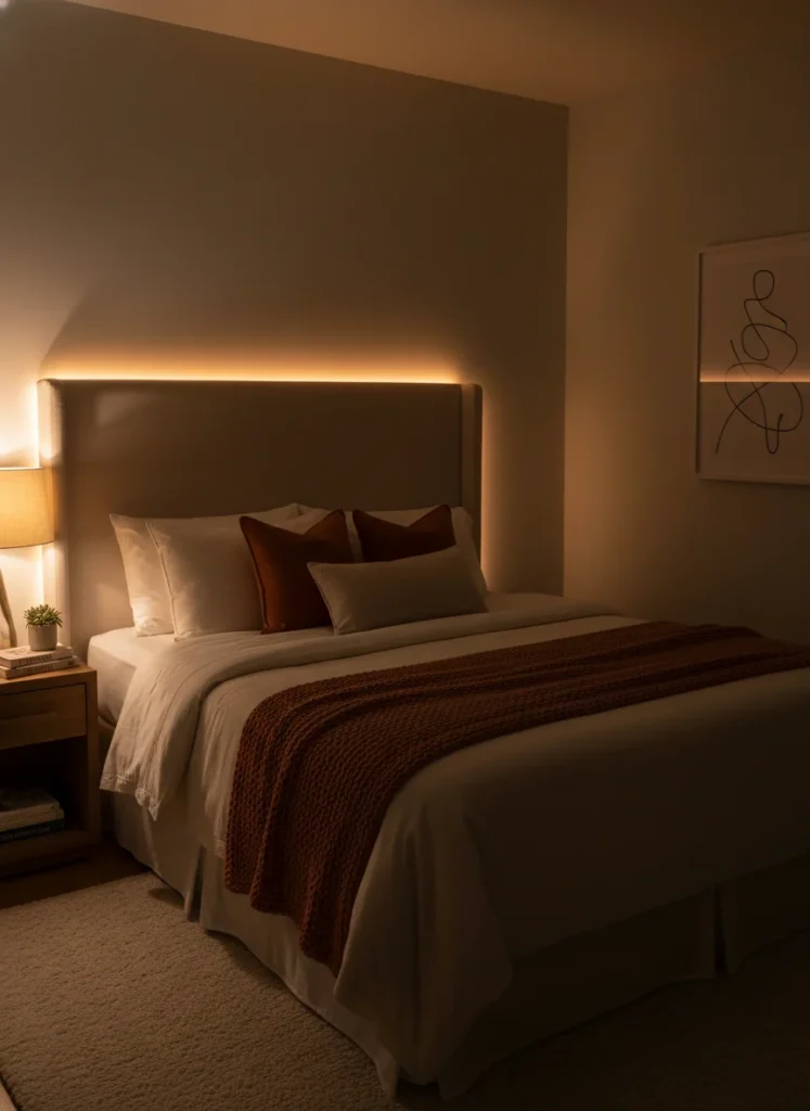 A small bedroom at night, dark except for warm amber LED strip lighting glowing from behind a upholstered headboard. The LED light illuminates the wall behind the bed in a warm halo effect, creating a cozy atmospheric glow. The bedside lamp is also on. Layered warm lighting, cream and terracotta bedding, no overhead light, editorial interior bedroom photography, no people