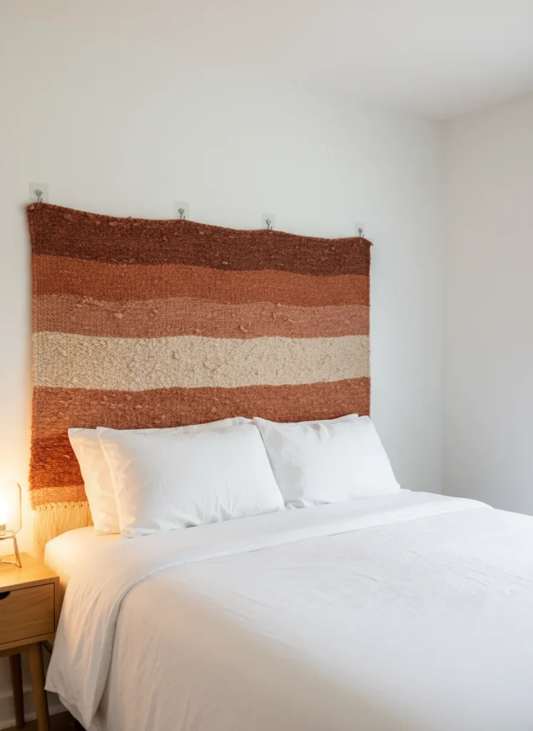 A small rental bedroom with no actual headboard. Instead, a large woven tapestry in terracotta, cream, and warm brown tones hangs on the wall behind the bed using command hooks. The tapestry is wide enough to span the full width of the queen bed below it. White linen pillowcases below. The tapestry creates a warm, textured headboard effect. No damage to the white wall visible. Warm lamp light, editorial interior photography, no people