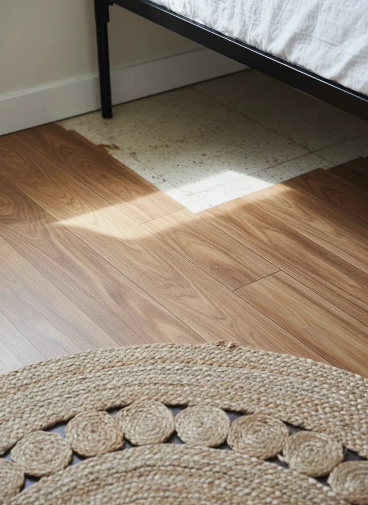 Close-up of a small rental bedroom floor showing peel-and-stick wood-look vinyl planks installed over older flooring. The new tiles have a warm natural wood tone and clean, modern lines. The edge of a bed frame is visible at the top of the image, and a small round jute rug sits partially on the new tiles. The transformation from old to new flooring is evident in the corner where the tile edge is visible. Natural light, editorial interior photography, no people
