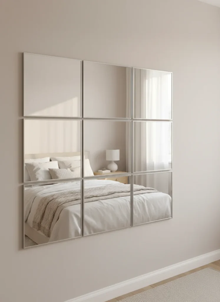 A small rental bedroom wall with nine square adhesive mirror tiles arranged in a 3x3 grid creating a large mirror effect. Each tile is approximately 12 inches square with a thin silver edge. The mirror arrangement reflects the window across the room, visually doubling the natural light in the space. No drilling or permanent mounting visible. The bed with white and cream bedding is visible in the reflection. Warm natural light, editorial interior photography, no people