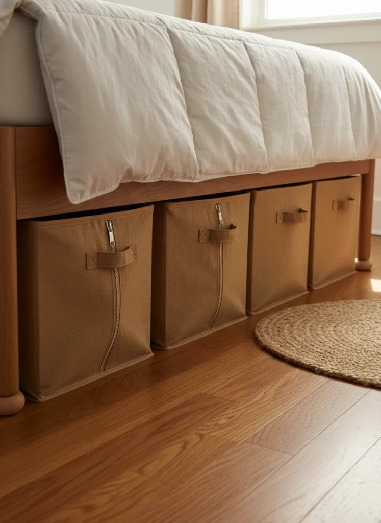 Under a bed in a small bedroom, showing three flat under-bed storage bags in a warm linen tone with visible zipper closures. The bags are uniformly placed and the same size, making the under-bed storage look intentional and organized. The bed frame is visible above, slightly elevated on low risers. The floor beside the bed has a small jute rug. Clean and considered, warm side lighting, editorial interior photography, no people