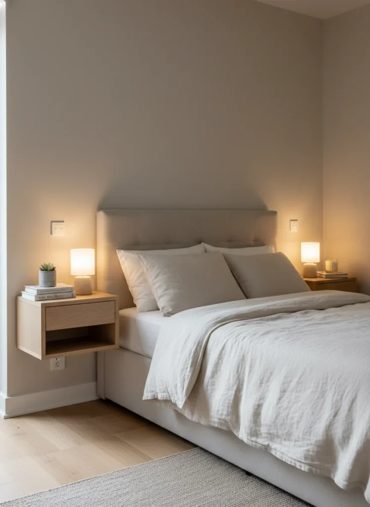  A small rental bedroom showing two floating wood shelf nightstands mounted on either side of a bed using damage-free wall anchors. Each floating shelf holds: a small bedside lamp, one or two books, and a small plant on one side and a candle on the other. The floor on both sides of the bed is completely clear with no nightstand legs. Warm lamp light, cream linen bedding, editorial interior photography, no people
