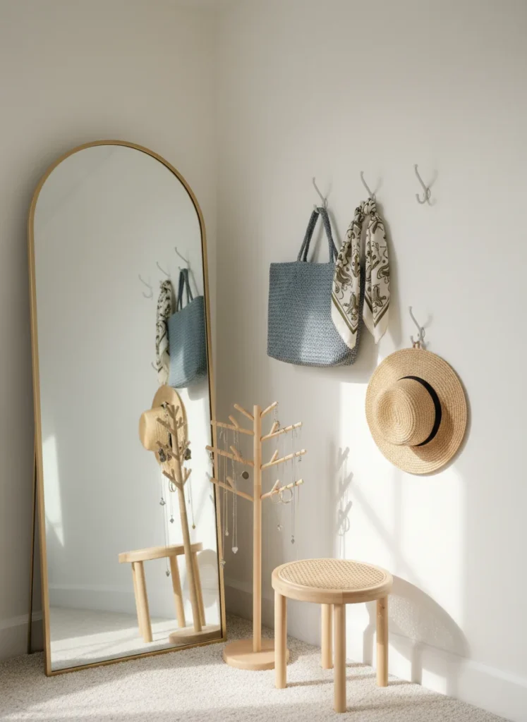 A small rental bedroom corner converted into a micro dressing area. A tall arched floor mirror leans in the corner, beside it a freestanding wooden jewelry stand with hanging earrings and necklaces visible. On the wall beside the mirror, three simple command hooks hold a tote bag, a scarf, and a hat. A small round stool sits below the hooks. The corner feels purposeful and organized. Warm natural side lighting, editorial interior photography, no people