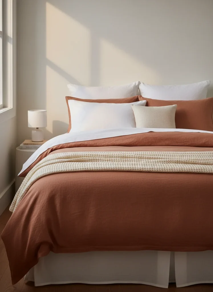 A beautifully made bed in a small rental bedroom showing layered hotel-style bedding. Base layer: white fitted sheet. Middle: a terracotta linen-look duvet cover with visible texture. A cream waffle-knit throw folded neatly across the foot of the bed. Four pillows: two large in white linen cases, two smaller accent pillows in cream and terracotta. The layering creates depth and a luxurious, intentional look. Warm morning light from a window off to the side, editorial interior photography, no people