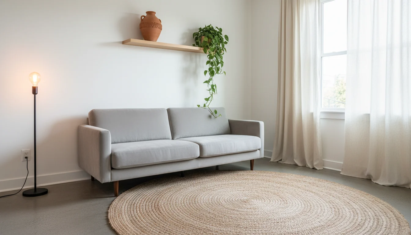 A small apartment living room, approximately 200 square feet, styled beautifully on a budget. Low-profile light gray velvet sofa against a white wall, a large round jute rug filling the floor, a single oversized terracotta ceramic vase on a floating wood shelf, floor-to-ceiling cream linen curtains hung close to the ceiling, warm Edison bulb floor lamp in the corner, trailing pothos on the shelf, natural afternoon light, editorial interior photography, no people, wide angle