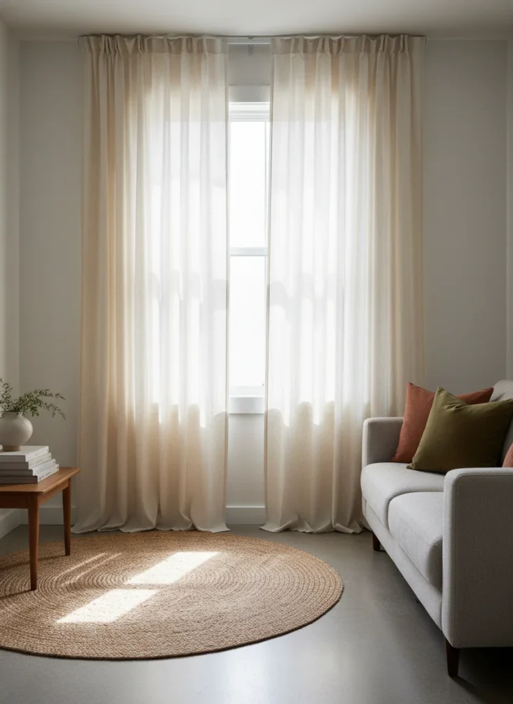A small apartment living room showing the dramatic difference of ceiling-height curtains. Cream linen curtain panels hung from ceiling-mounted brackets, the window sits four feet below the curtain rod, the curtains pool slightly on the floor, creating the illusion of a very tall room in an otherwise compact space. Warm natural light, no people, editorial interior photography