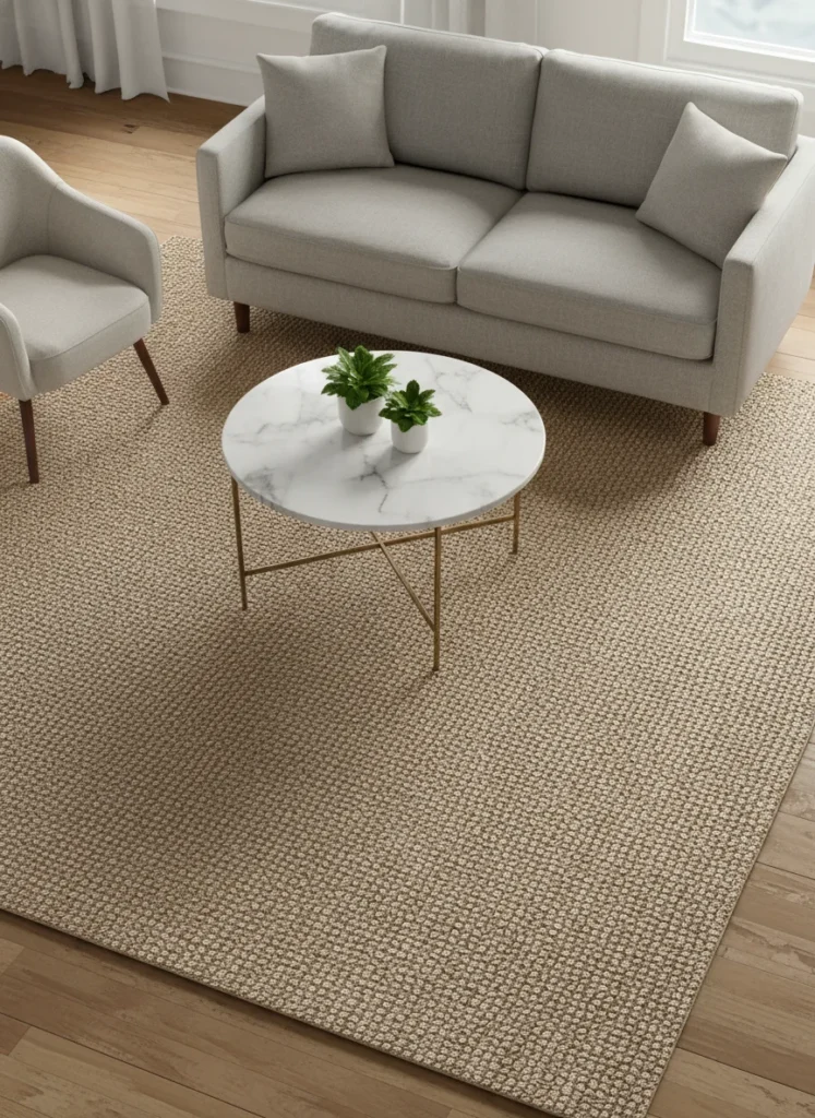 A small apartment living room viewed from above, showing the correct rug sizing. A large 8x10 jute area rug covers most of the floor, with all four legs of a light gray sofa resting on the rug. A round coffee table sits in the center. The rug makes the furniture feel like a cohesive group rather than pieces floating in space. Warm natural light, editorial interior photography overhead angle