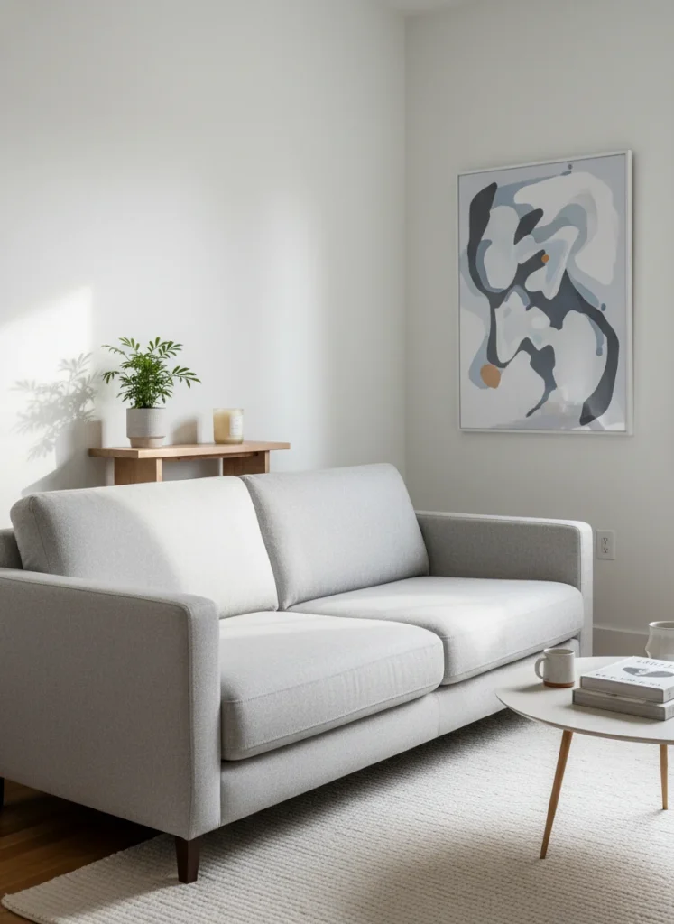 A small apartment living room with a light gray sofa pulled approximately 8 inches away from the white wall behind it. A thin console table fills the gap between sofa and wall, styled with a small plant and candle. The arrangement makes the room look professionally designed and spacious despite its small size. Warm lighting, editorial interior photography, no people