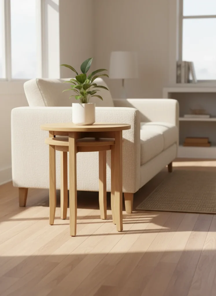 A small apartment living room showing a set of three round nesting tables in light natural wood, arranged next to a sofa with one table serving as a side table, the other two nested underneath. The floor around the sofa is visibly open and uncluttered. A small plant sits on the top table. The scene demonstrates how nesting tables save floor space compared to a traditional coffee table. Warm light, editorial photography, no people