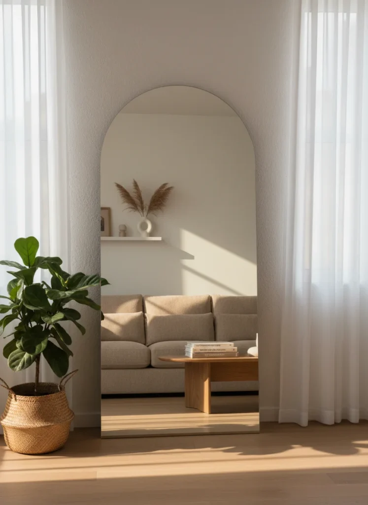 A small apartment living room with a large arch-shaped floor mirror approximately 5 feet tall leaning against the wall directly across from a window. The mirror reflects the natural light from the window back into the room, making the space appear brighter and larger. Beige sofa visible in mirror reflection, warm afternoon natural light, editorial interior photography, no people