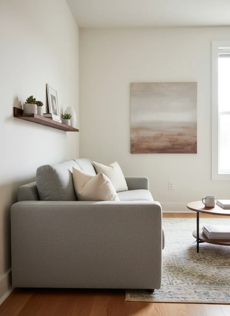 Side profile view of a small apartment living room featuring a low-profile sofa approximately 28 inches tall in light gray linen. The low sofa height reveals significantly more wall above it, making the 8-foot ceiling appear higher. Minimal throw pillows. A floating shelf at eye level is visible above the sofa on the wall. Clean, warm lighting, editorial photography, no people