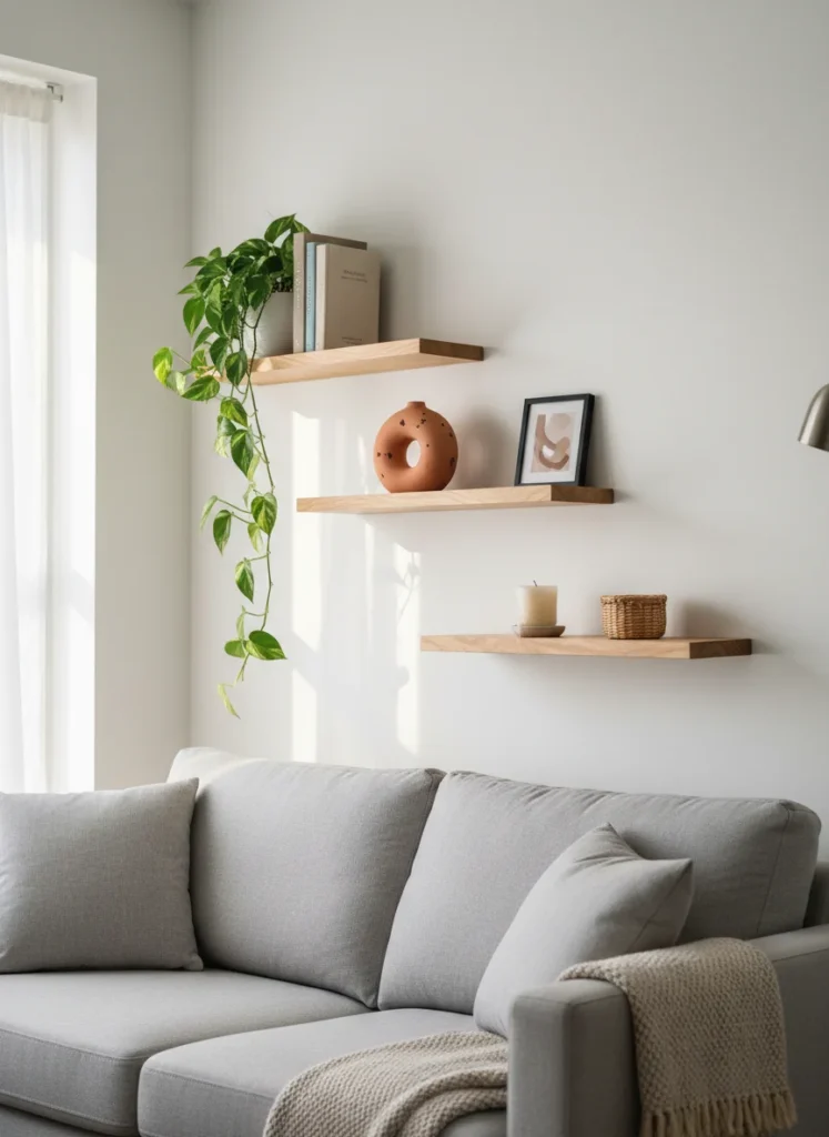 Three floating wood shelves on a white wall above a sofa in a small apartment living room. Top shelf: a trailing pothos plant and two books. Middle shelf: a round terracotta ceramic vase and a small framed art print. Bottom shelf: a candle and a woven mini basket. The shelves are staggered slightly asymmetrically. Warm natural light from the left, no people, editorial interior photography