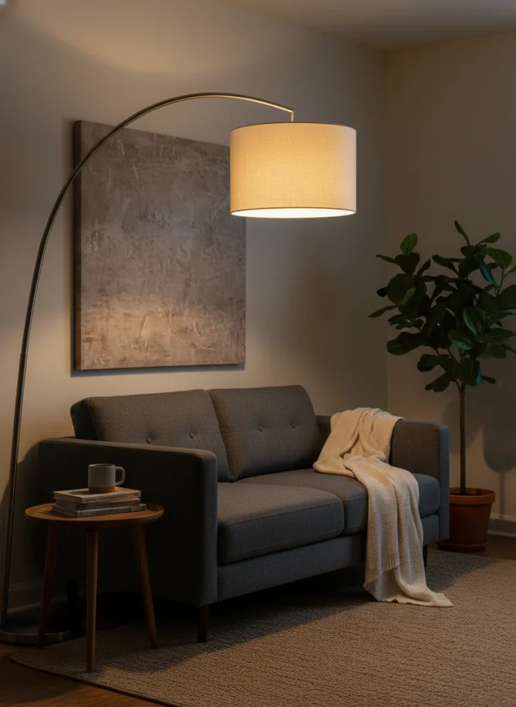 A small apartment living room corner at evening time with all ambient light coming from a single arc floor lamp with a warm cream linen shade. The arc positions the light over a gray sofa and side table. The room has warm, directional, atmospheric light with soft shadows creating depth. Overhead light is off. Cozy, moody atmosphere, no people, editorial interior photography