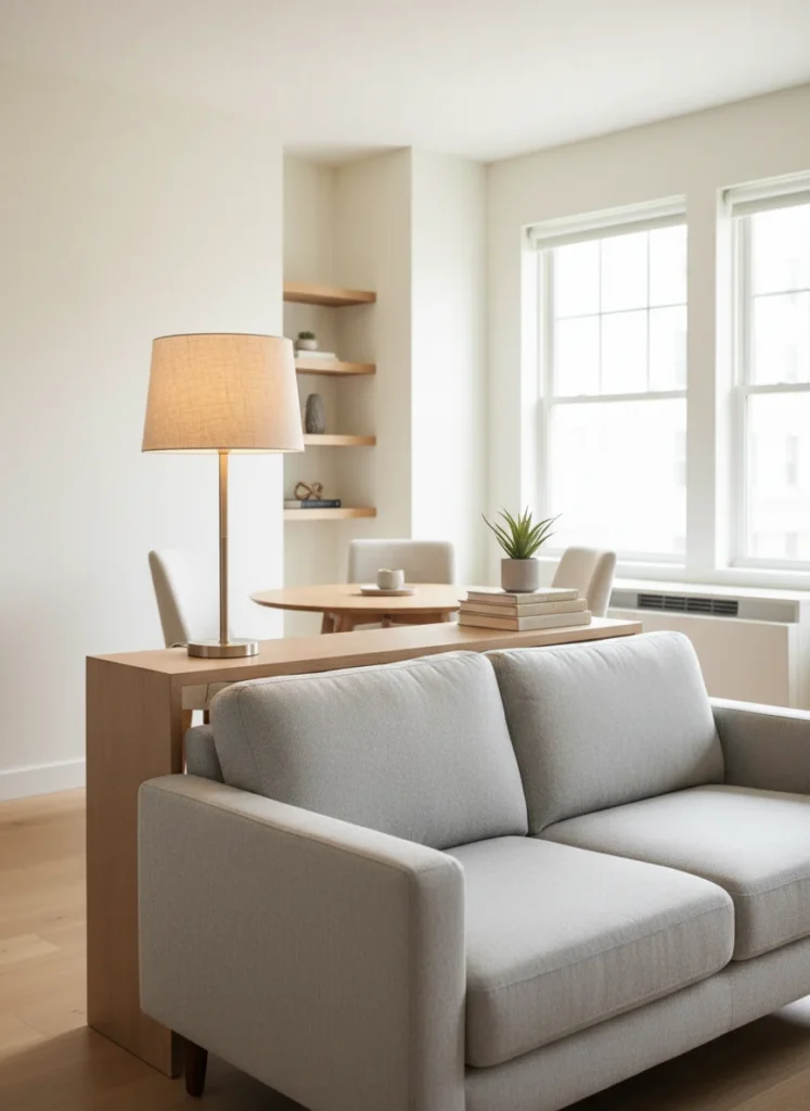 A small open-plan studio apartment showing a narrow console table approximately 10 inches deep placed directly behind a light gray sofa. On the console table: a tall slim floor lamp, a small plant, and a stack of books. The console table acts as a subtle room divider between the living area and the dining space behind it. Light wood finish, warm lighting, no people, editorial interior photography