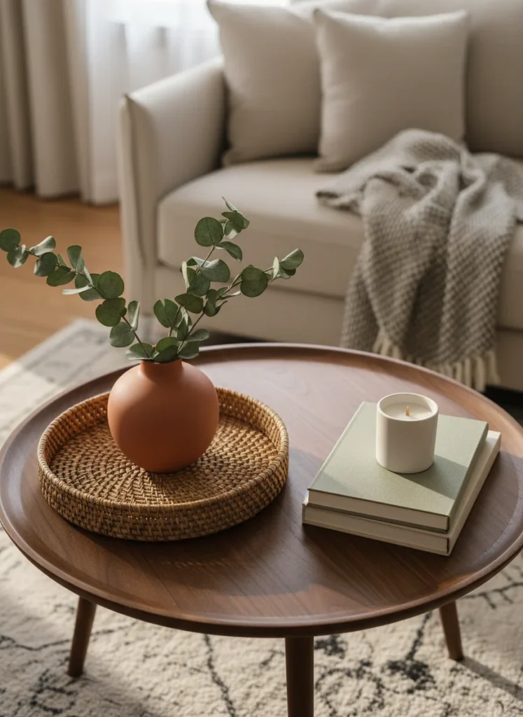 Close-up top-down view of a small apartment living room coffee table styled with exactly three elements: a round woven seagrass tray holding a short terracotta ceramic vase with dried eucalyptus, and two books stacked flat beside the tray with a small candle on top. Clean, intentional, not cluttered. Warm natural light, editorial styling photography, no people