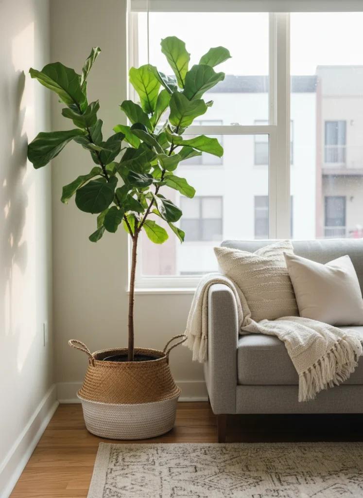 A small apartment living room corner featuring a single large fiddle leaf fig plant approximately 5 feet tall in a round woven rope plant basket. The plant fills the corner between the sofa and the window, providing a vertical living element that draws the eye upward. The rest of the room is visible: light gray sofa, natural rug, warm afternoon light filtering through the leaves. Editorial interior photography, no people