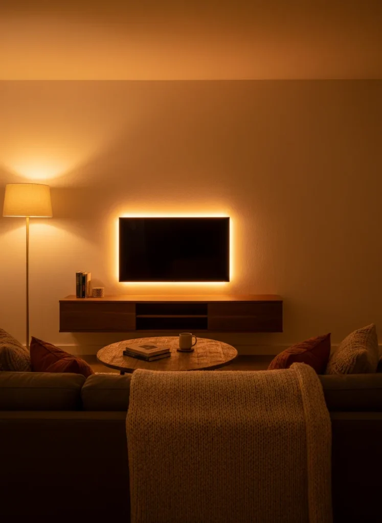 A small apartment living room photographed at night. Warm amber LED strip lights glow from behind a low TV console unit, casting a warm indirect light on the wall behind it. The floor lamp in the corner is also on. The room has a layered, atmospheric, cozy lighting effect. No overhead light is on. The TV is off. Sofa with throw blanket, warm tones, editorial photography, no people