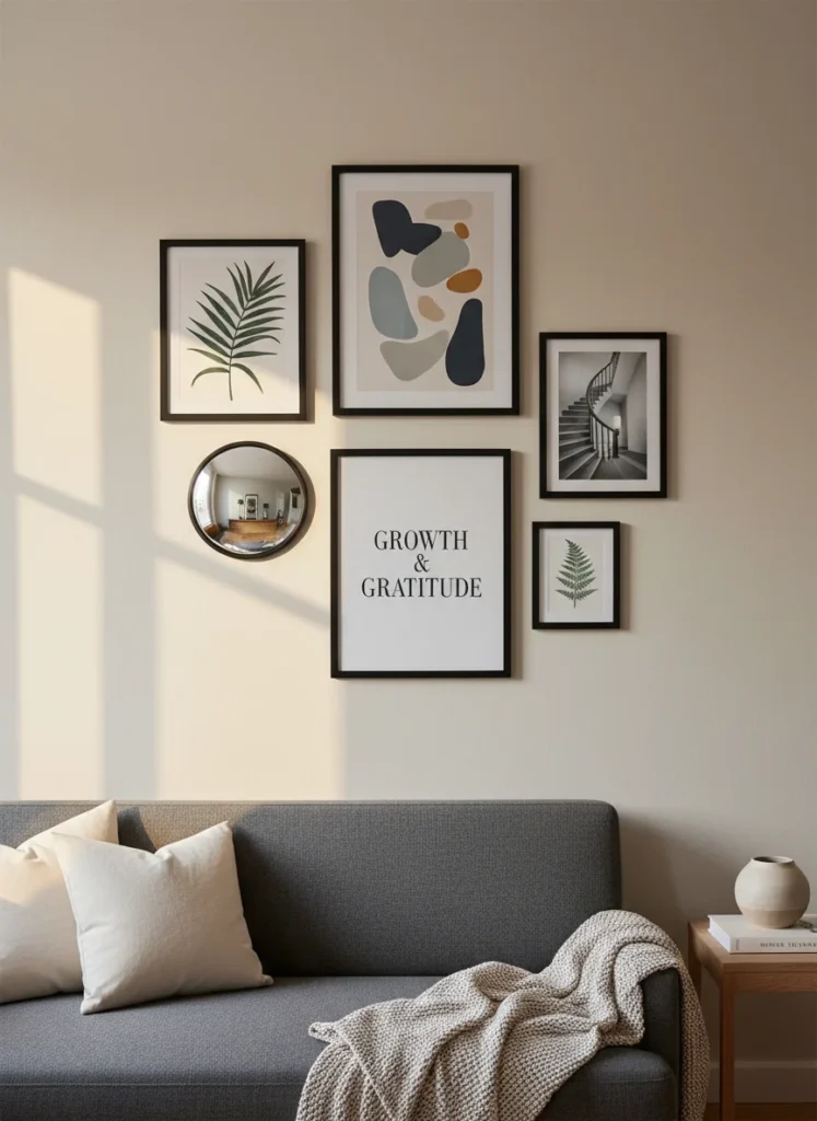 A small apartment living room wall showing a gallery wall of 6 frames in matte black. Frames are in three different sizes arranged in an asymmetric but balanced layout. Contents: two botanical prints, one abstract art print, one black and white photo, one quote print, one small mirror. Frames are spaced approximately 2 inches apart. Sofa visible below, warm afternoon light, editorial interior photography, no people