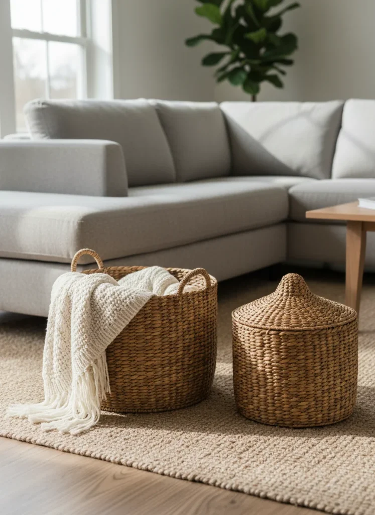 A small apartment living room floor beside a light gray sofa, showing two seagrass woven baskets of different sizes. The larger basket holds a folded chunky knit throw blanket. The smaller one sits beside it with its lid closed. Both baskets have a natural, warm tone that complements the jute rug beneath them. Warm natural light from the side, editorial interior photography, no people