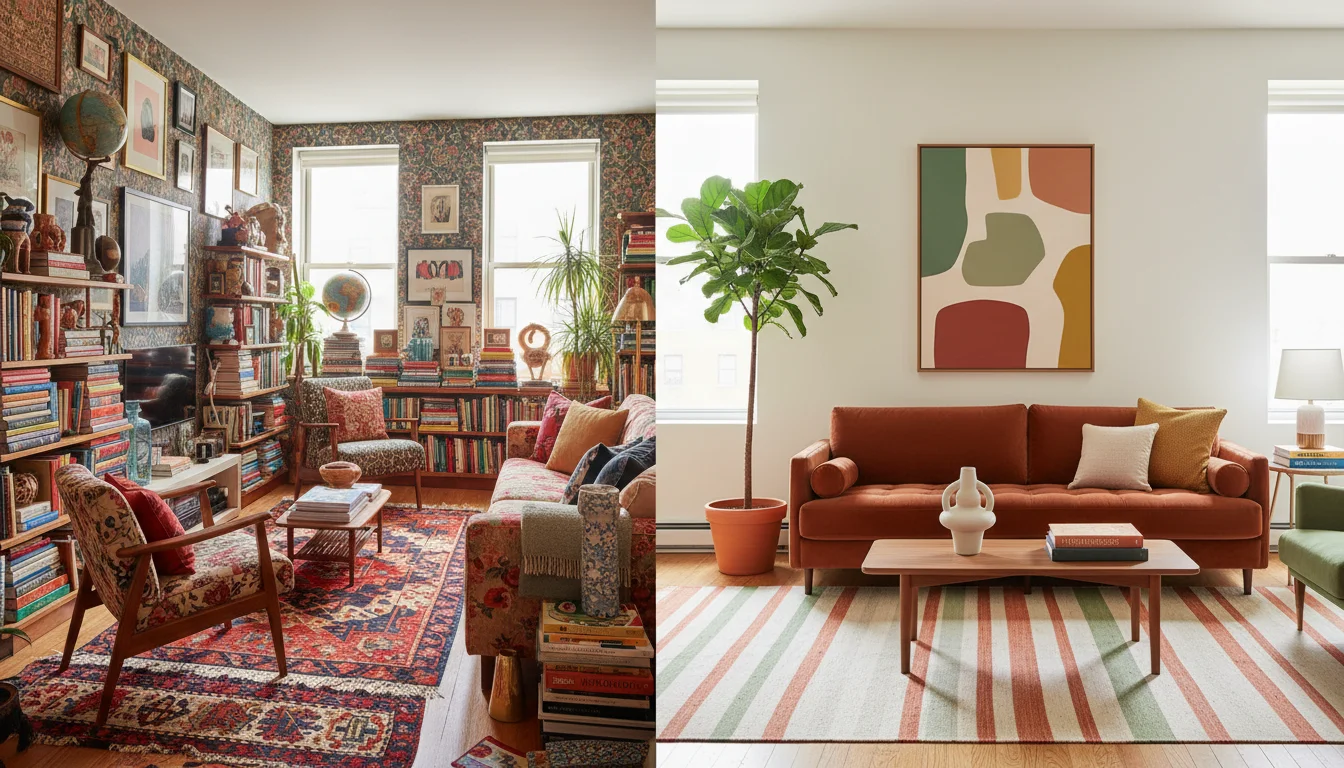 Editorial interior photography of two small apartment living rooms side by side as a split composition, left side shows a maximalist room with every surface covered in layered objects, clashing bold patterns, crowded shelves, multiple competing focal points, the visual complexity is intentional but dense, right side shows a dopamine decorating room with deliberate bold color choices in terracotta and jade but clear visual breathing room, each item given space to be seen, the contrast between the two aesthetics is immediately clear, warm earthy palette on both sides, photorealistic, ultra high resolution, no people, no text, vertical portrait 1000x1500