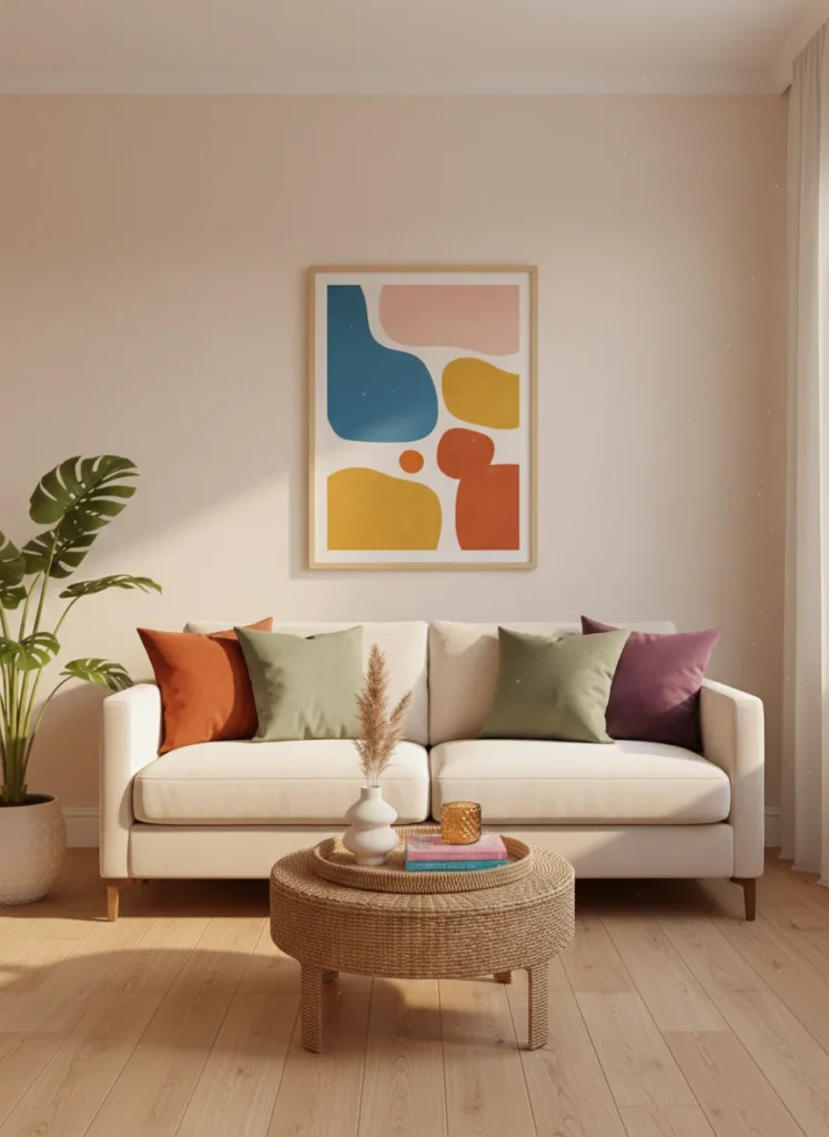  Editorial interior photography of a small apartment living room clearly styled in dopamine decorating rather than maximalism, a cream sofa with three deliberately chosen throw pillows in terracotta, sage green and plum, one large abstract art print on the wall above it, a single large monstera plant in the corner, a woven coffee table tray with three objects only, the room is bold and colorful but every element has visual breathing room around it, nothing is competing for attention, warm afternoon light, photorealistic, ultra high resolution, no people, no text, vertical portrait 1000x1500