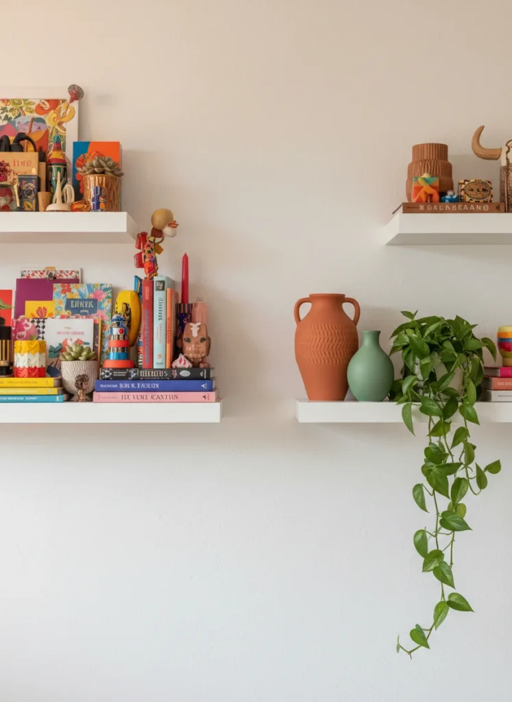 Editorial interior photography showing a close-up comparison of two different styled shelves on identical white floating shelves mounted side by side, left shelf is maximalist: covered in a dense layered arrangement of objects in many colors, patterns, textures and scales creating a busy but intentional visual, right shelf is dopamine decorating: three objects only in terracotta and jade green with deliberate space around each, a trailing plant and two ceramic vases, the visual difference between the two approaches to color and density is clear, warm side lighting, photorealistic, ultra high resolution, no people, no text, vertical portrait 1000x1500