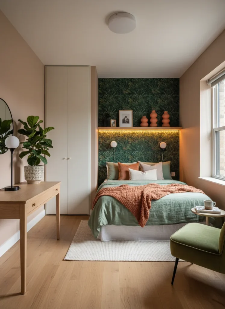 Editorial interior photography of a small 200 square foot apartment bedroom showing why dopamine decorating works better than full maximalism in compact spaces, the room is bold and personal with a botanical peel-and-stick accent wall in deep green, jade green bedding, terracotta ceramic vases, LED ambient lighting, but the density of objects is controlled with clear breathing room on surfaces and floor space visible, the room feels rich and considered rather than cluttered, warm earthy palette, photorealistic, ultra high resolution, no people, no text, vertical portrait 1000x1500