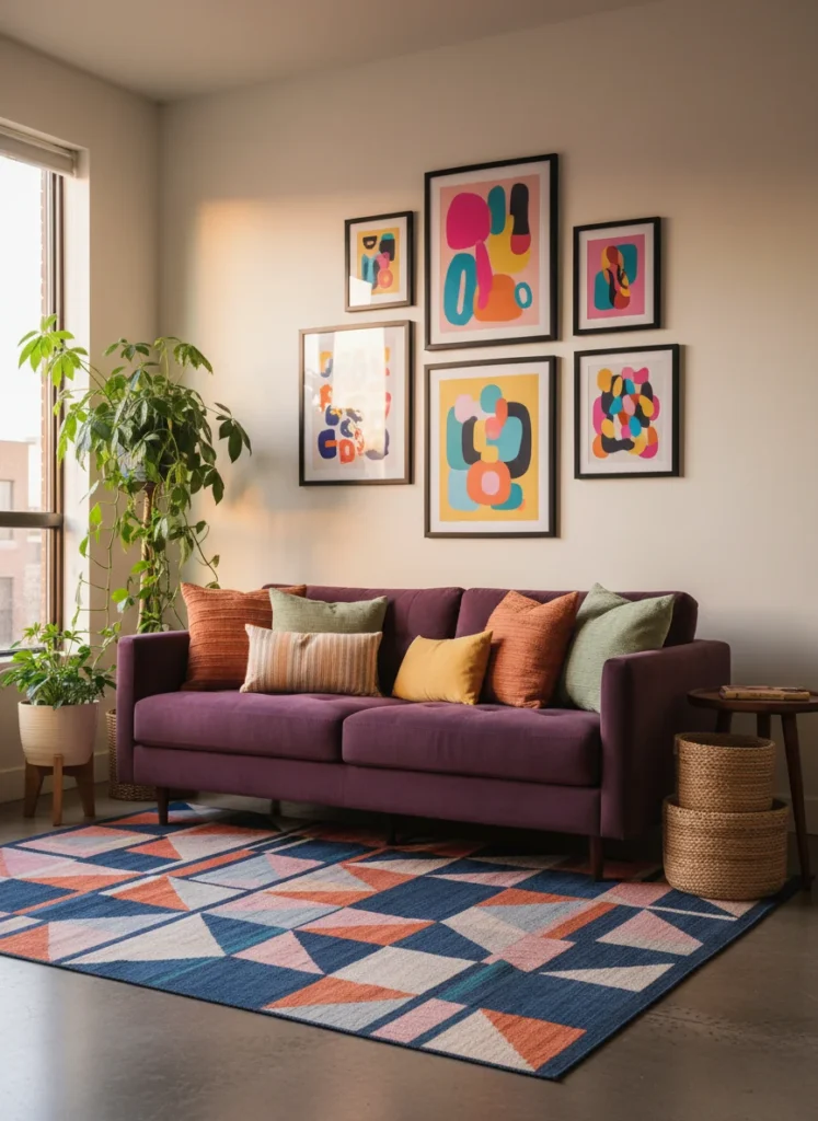 Editorial interior photography of a small apartment living room that sits at the intersection of dopamine decorating and maximalism, bold and layered but not chaotic, a deep plum velvet sofa covered in terracotta, sage green and butter yellow throw pillows, a gallery wall of seven framed prints in matte black frames above it in the dopamine color palette, a large trailing plant in the corner, woven baskets under the side table, a bold geometric rug on the floor, every element is bold but each has enough visual space to be seen, warm amber evening light, photorealistic, ultra high resolution, no people, no text, vertical portrait 1000x1500