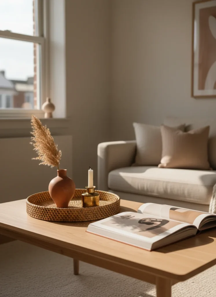  Editorial interior photography of a styled coffee table in a small apartment living room, a round woven tray holding exactly three objects: a short terracotta ceramic vase with a single dried stem, a small cream candle in a brass holder, and one art book face-up, the tray is centered on the coffee table with clear space around it, the restraint of three chosen objects is the visual key to the dopamine decorating approach versus maximalist surface styling, warm afternoon light, photorealistic, ultra high resolution, no people, no text, vertical portrait 1000x1500