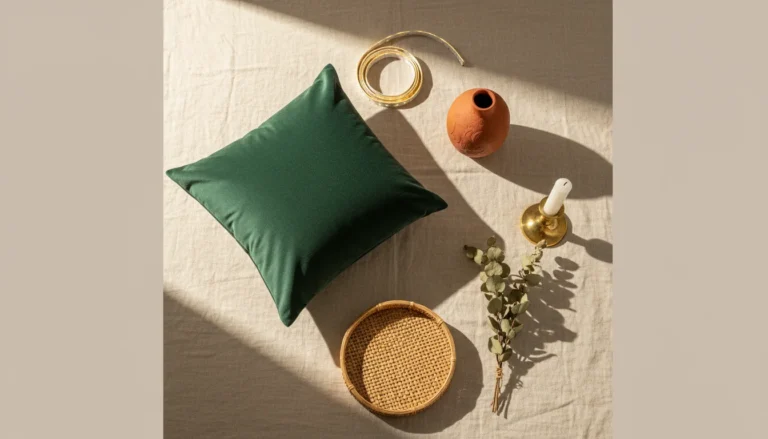 Editorial interior photography of a flat lay product arrangement on a warm cream linen background showing the best dopamine decorating Amazon finds, arranged artfully: a deep jade green velvet pillow cover, a terracotta ceramic vase, a warm LED strip light coil, a small round woven rattan tray, a bundle of dried eucalyptus stems, a brass candle holder, all in the earthy 2026 dopamine decorating palette, warm directional light from the upper left, photorealistic, ultra high resolution, no people, no text, vertical portrait 1000x1500
