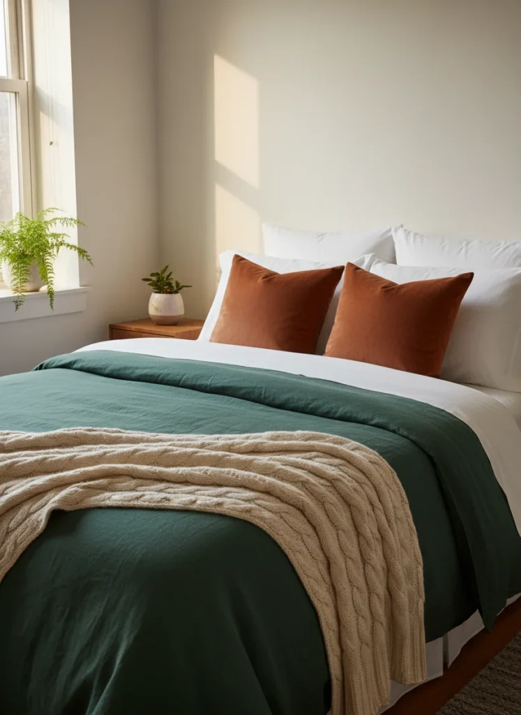  Editorial interior photography of a bed in a small apartment bedroom styled with dopamine decorating textiles all from Amazon, a deep jade green linen duvet cover as the base layer, two white standard pillowcases, two terracotta velvet accent pillow covers, a cream chunky knit throw blanket draped over the foot of the bed, the combination of textures and earthy bold colors creates a hotel-quality layered bed look, warm morning light from the window, photorealistic, ultra high resolution, no people, no text, vertical portrait 1000x1500