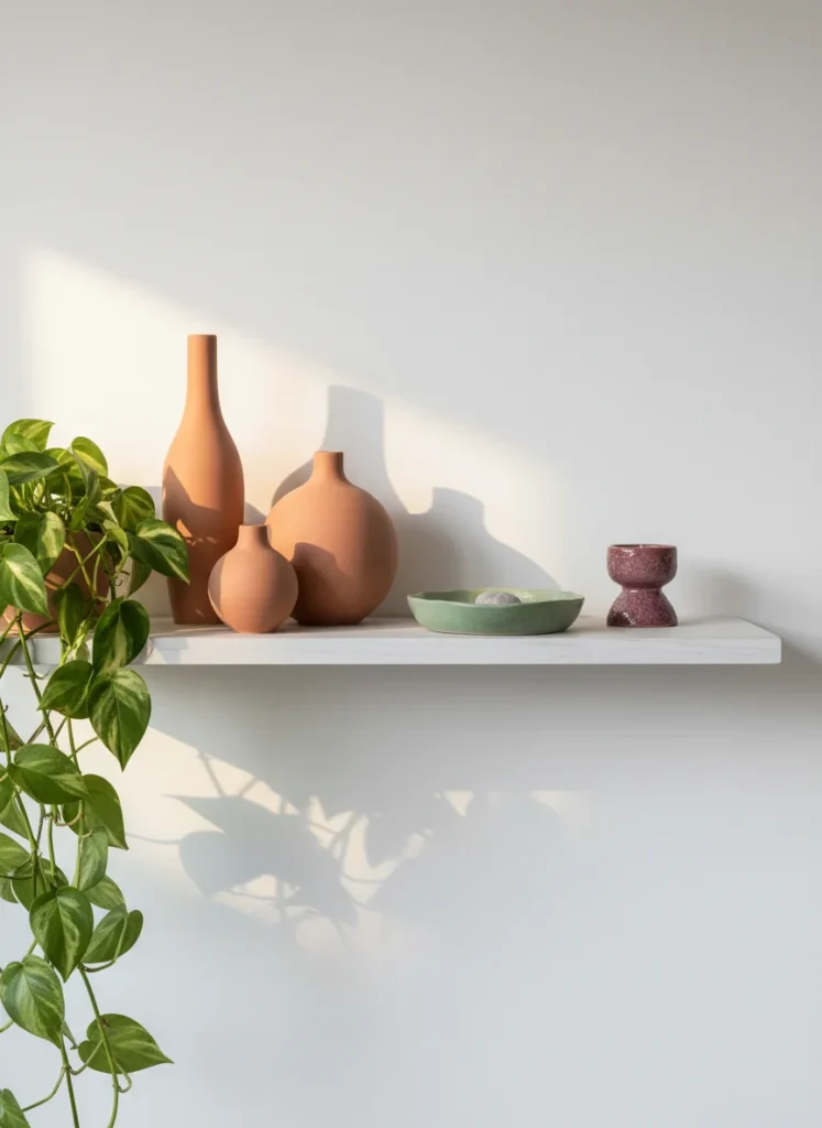 Editorial interior photography of a floating wood shelf styled with dopamine decorating ceramic finds from Amazon, three terracotta ceramic vases in varying heights arranged at the left end of the shelf, a round sage green ceramic dish in the middle holding a small tumbled stone, a short plum-toned ceramic candle holder at the right end, a trailing pothos plant draping over the shelf edge, all ceramics have organic handmade-looking shapes, warm directional light from the left, white wall behind, photorealistic, ultra high resolution, no people, no text, vertical portrait 1000x1500