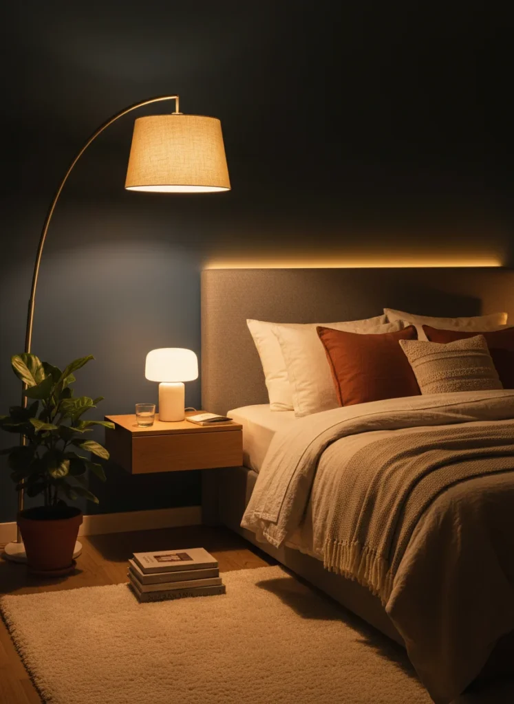 Editorial interior photography of a small apartment bedroom corner at night showing layered warm lighting entirely from Amazon finds, an arc floor lamp with a cream linen shade stands in the corner casting directional warm light, warm amber LED strip light glows from behind the headboard, a small ceramic table lamp on the floating nightstand, the combination of three warm light sources creates atmospheric depth with no overhead light on, photorealistic, ultra high resolution, no people, no text, vertical portrait 1000x1500