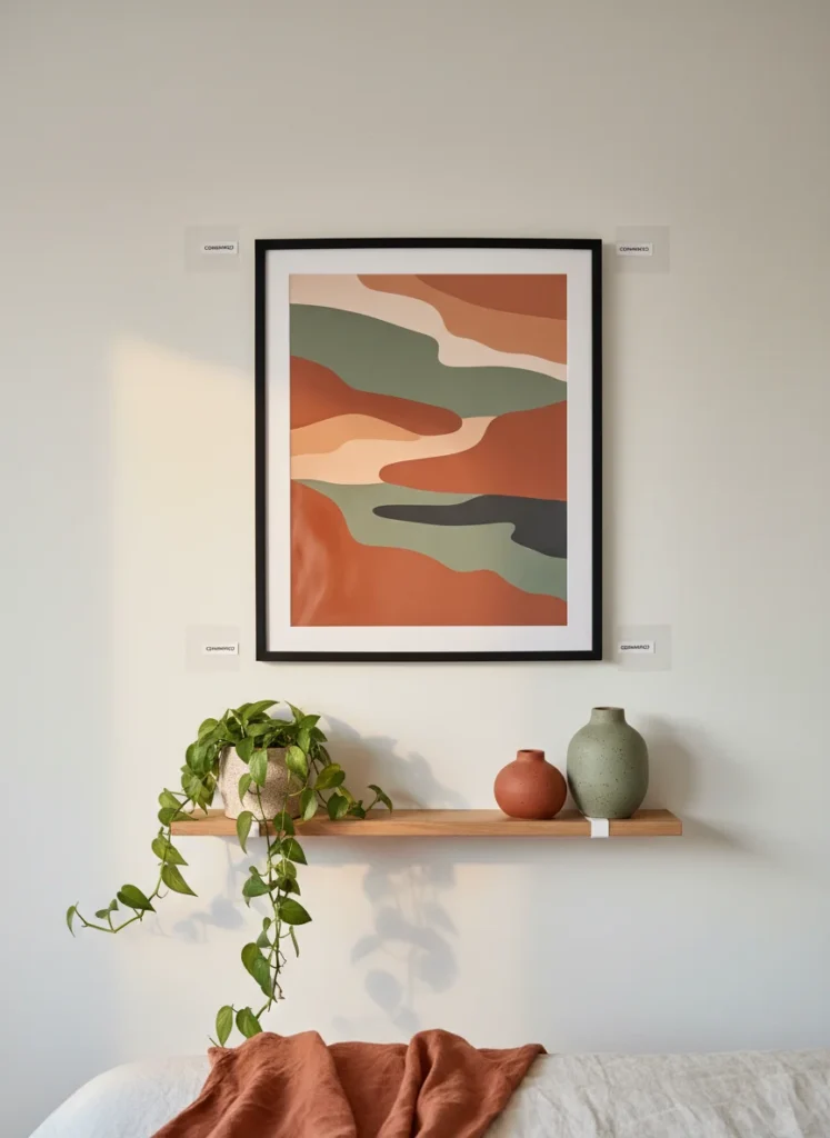  Editorial interior photography of a small apartment bedroom wall showing dopamine decorating wall decor all under $50 from Amazon, a large abstract art print in terracotta and sage green tones in a wide matte black frame hung with command strips takes up the central wall space, below it a thin floating wood shelf holds a trailing plant and two ceramic vases, all hung damage-free, warm directional lamp light from the side, earthy palette, photorealistic, ultra high resolution, no people, no text, vertical portrait 1000x1500