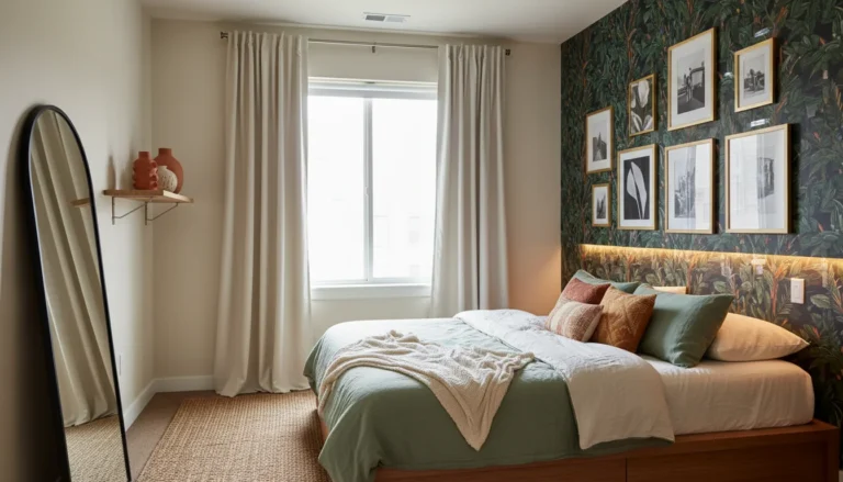 Editorial interior photography of a beautifully decorated rental apartment bedroom showing dopamine decorating with zero permanent modifications, peel-and-stick dark botanical wallpaper on the accent wall behind a low bed with jade green linen bedding, a gallery wall of frames on the right side wall hung with adhesive strips, ceiling-height cream curtains on a tension rod, warm LED strip glow behind the headboard, a leaning floor mirror against the left wall, terracotta ceramic vases on a damage-free floating shelf, all elements clearly removable, warm earthy palette, photorealistic, ultra high resolution, no people, no text, vertical portrait 1000x1500